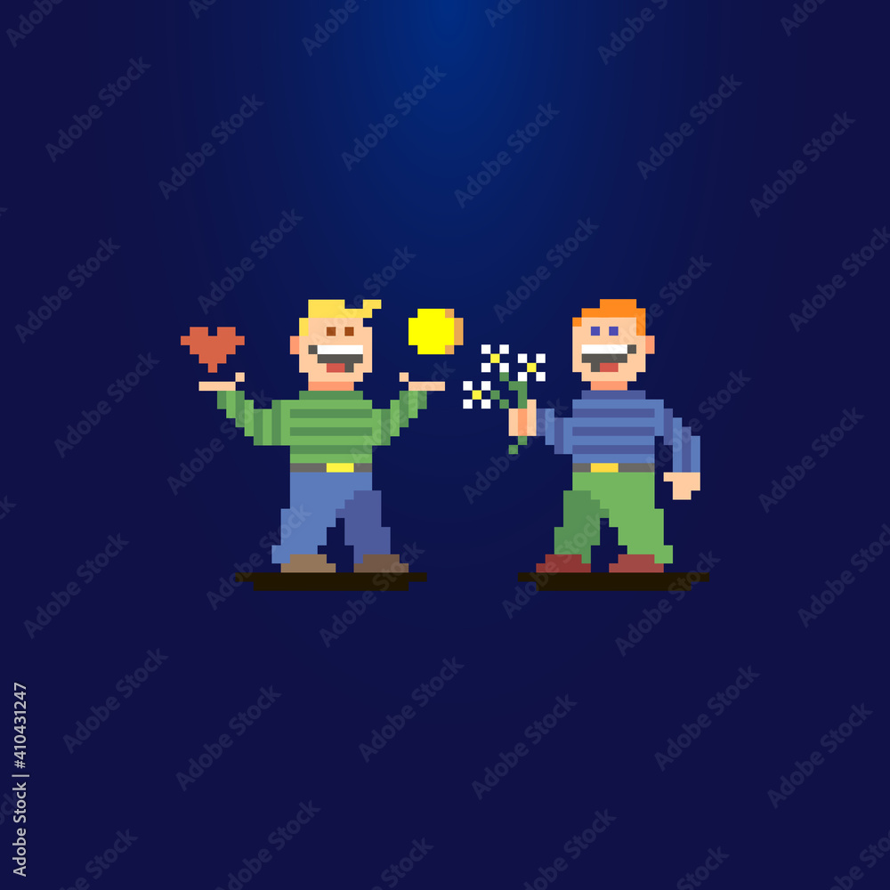 Fototapeta premium colorful simple flat pixel art illustration of two smiling guys. one boy has a heart and a coin in his hands, and another boy is holding a bouquet of flowers