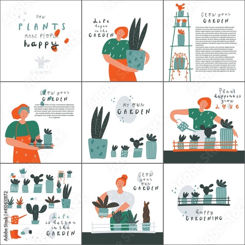 Vector cards set on gardening theme. People and plants Handwritten short quotes