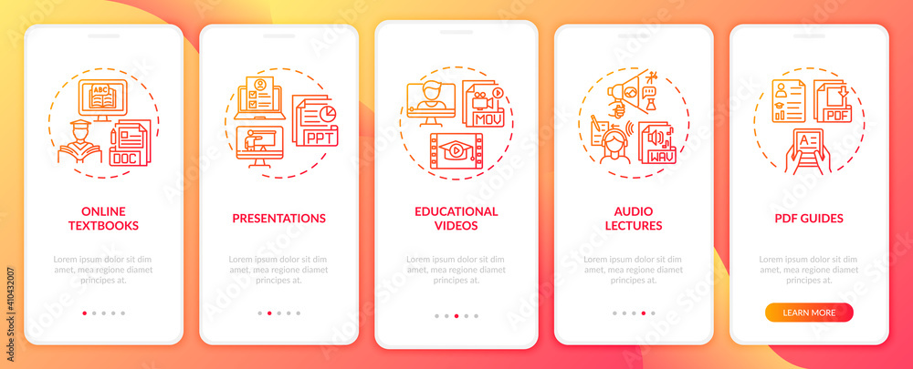 Fototapeta premium Online teaching digital resources onboarding mobile app page screen with concepts. Educational videos walkthrough 5 steps graphic instructions. UI vector template with RGB color illustrations