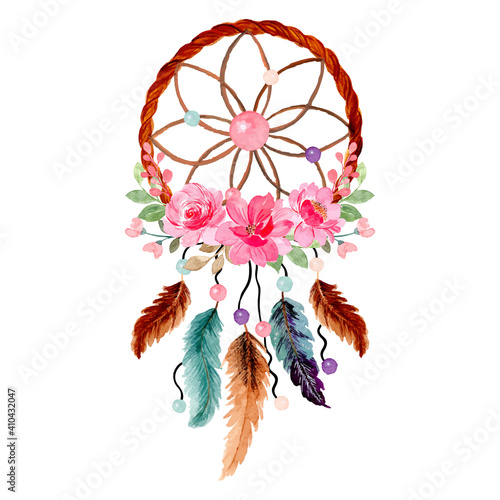 Watercolor dream catcher with pink floral