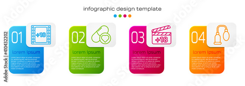 Set line Play Video with 18 plus content, Pills for potency, aphrodisiac, Movie clapper with 18 plus content and Penis pump. Business infographic template. Vector.