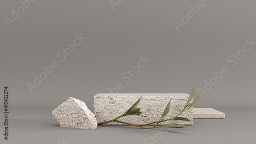Photography Premium podium on gray background with plant branches, leaves and natural stones