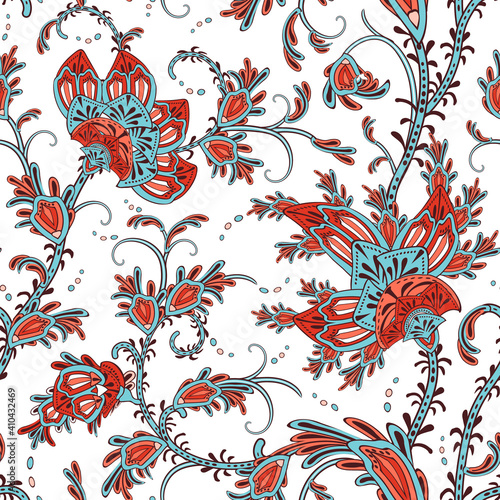 Embroidery seamless vector print with paisley flowers. Persian traditional apparel pattern using boteh. Floral buta background for clothes design, fabrics, textile, household items or handmade crafts