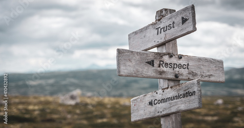 trust respect communication text engraved on wooden signpost outdoors in nature. Panorama format.