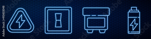 Set line Fuse, High voltage, Electric light switch and Battery. Glowing neon icon on brick wall. Vector.