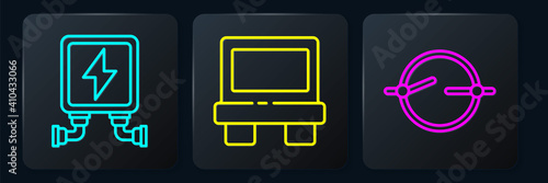 Set line Electric transformer, Electric circuit scheme and Fuse. Black square button. Vector.