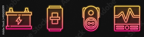 Set line Electrical outlet, Car battery, Electric light switch and Electrical measuring instruments. Glowing neon icon. Vector.