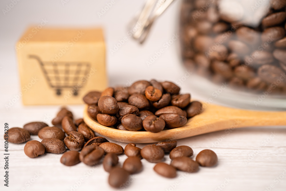 Fototapeta premium Box with shopping cart logo symbol on coffee beans, Import Export Shopping online or eCommerce delivery service store product shipping, trade, supplier concept.
