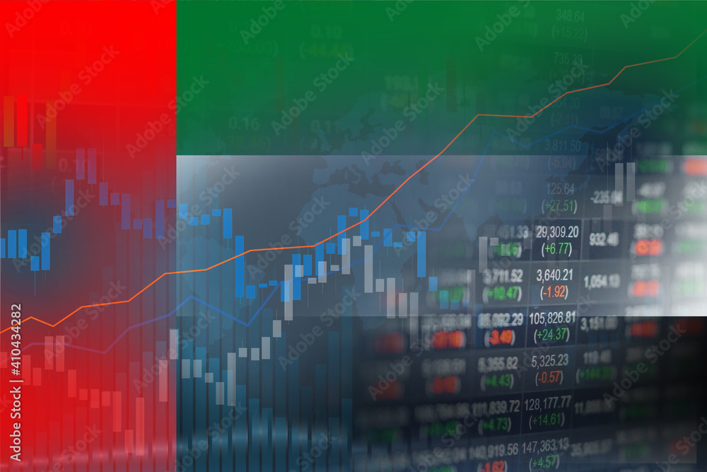 Stock market investment trading financial, coin and UAE, United Arab Emirates flag or Forex for analyze profit finance business trend data background. Stock market investment trading financial, coin and UAE, United Arab Emirates flag or Forex for analyze profit finance business trend data background.
