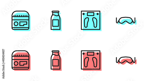 Set line Bathroom scales, Cream or lotion cosmetic tube, Bottle with milk and Eye sleep mask icon. Vector.