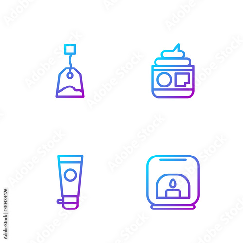 Set line Aroma lamp, Cream or lotion cosmetic tube, Tea bag and . Gradient color icons. Vector.