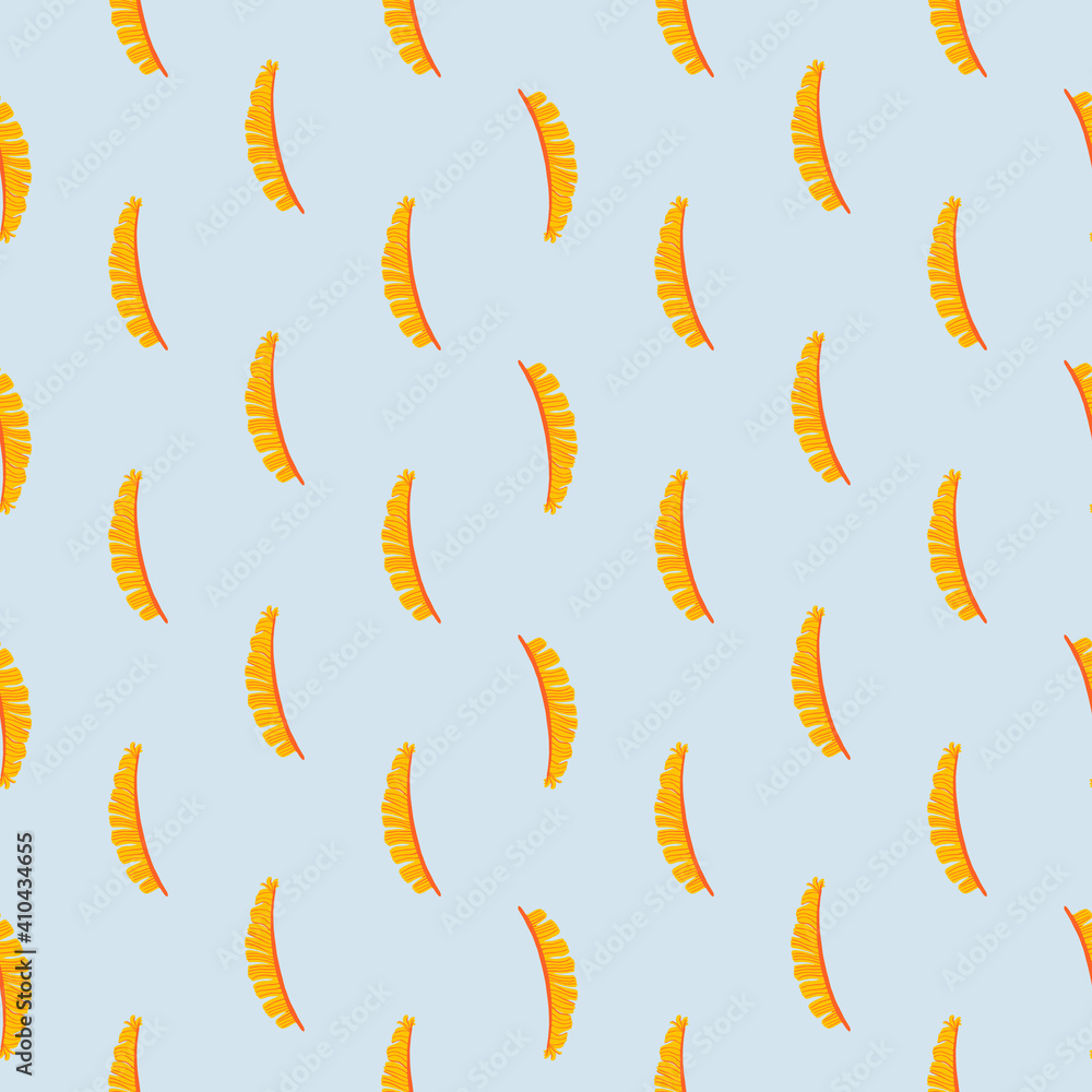 Abstract botanic seamless pattern with tropical bright orange fern lead shapes. Light blue background. Abstract botanic seamless pattern with tropical bright orange fern lead shapes. Light blue background.