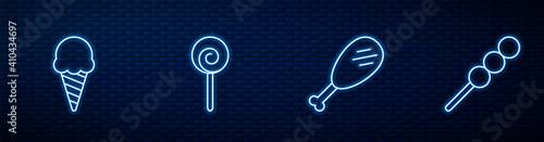 Set line Chicken leg, Ice cream in waffle cone, Lollipop and Meatballs wooden stick. Glowing neon icon on brick wall. Vector.