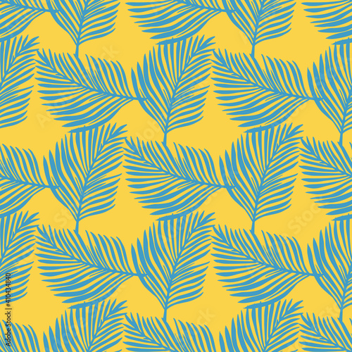Abstract seamless pattern with doodle blue fern leaves silhouettes. Yellow bright background. Doodle style.