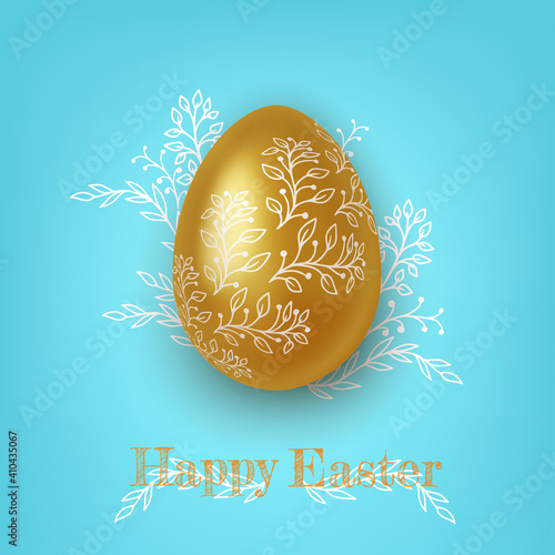 Realistic Gold and white easter eggs with flower ornaments on blue background. Vector