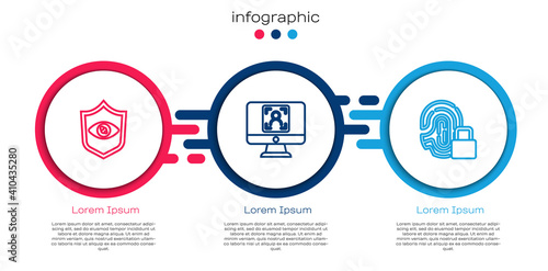Set line Shield eye scan, Face recognition and Fingerprint with lock. Business infographic template. Vector.