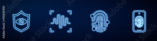 Set line Fingerprint, Shield eye scan, Voice recognition and Mobile with fingerprint. Glowing neon icon on brick wall. Vector.