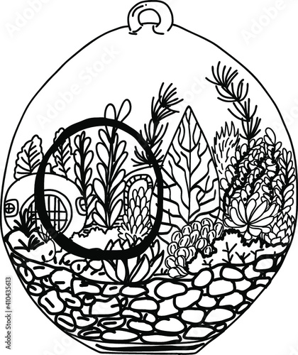 Hand drawn mini garden in glass pot.Garden Terrarium vector.green plant in Pottery vase photo