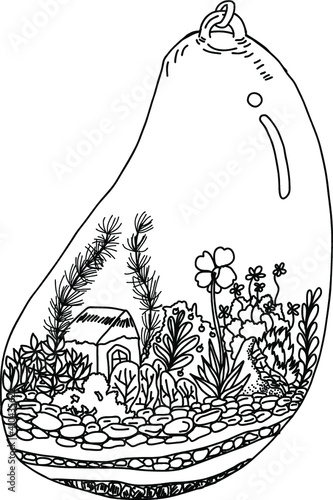 Hand drawn mini garden in glass pot.Garden Terrarium vector.green plant in Pottery vase