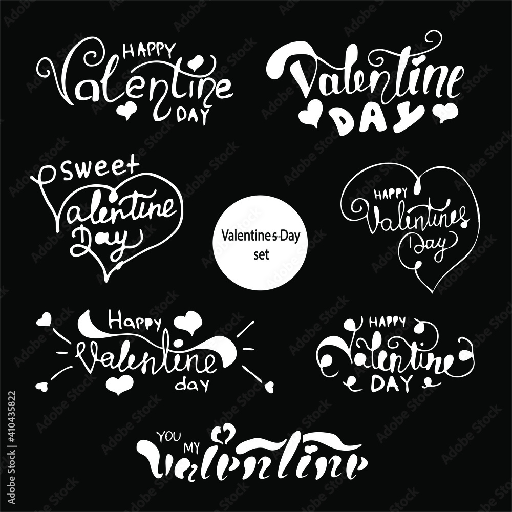 Love lettering set for Valentine day white isolated on black background