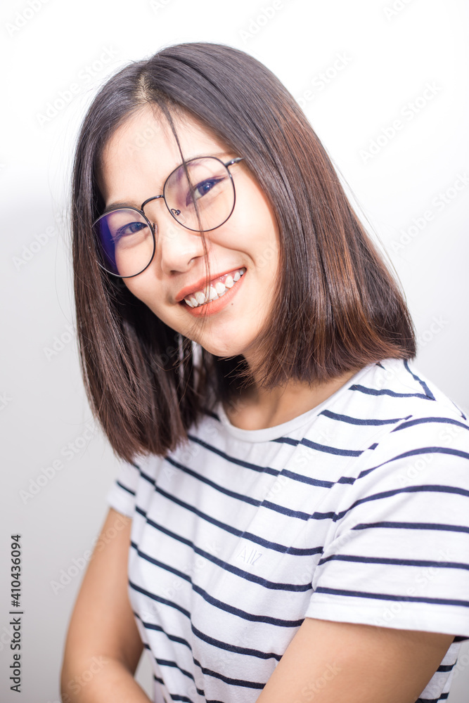 Beautiful asian glasses short hair women smiling face close up