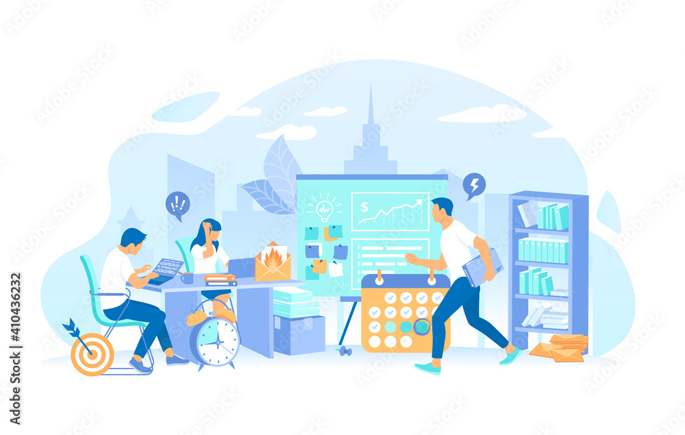 Fototapeta premium Business team working in an office overtime. Stress and mess in the office. Deadline Asap. All in a hurry to complete the tasks. Vector illustration flat style.