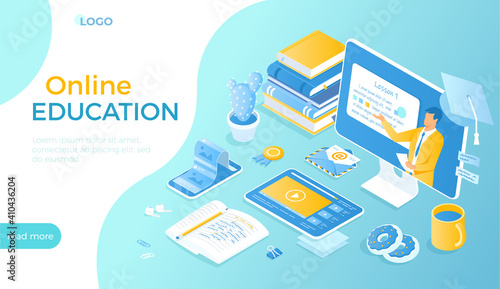 Online education, Distance learning, Online courses, Educational webinars at home. Video with teacher on the monitor screen, tablet, phone, books, notebooks. Isometric vector illustration for website.