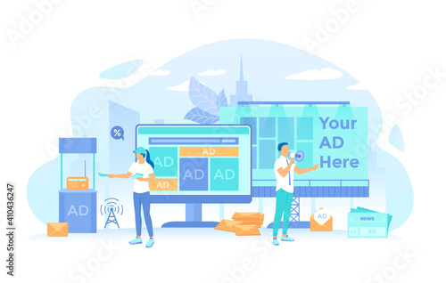 Promoter handing out flyers, man with megaphone. Advertising and promotion agency. Showcase, online ads, on newspaper, billboard. Vector illustration flat style.
