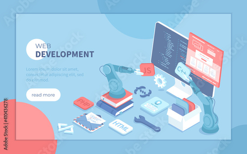 Web Development. Software Engineering and Coding Website Application. Full stack web development. Program code on the monitor screen. Isometric vector illustration for banner, website