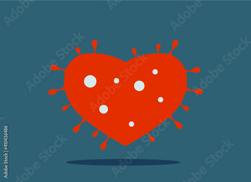 La saint Valentin perturbée par le virus covid-19. Un cœur en forme de virus symbolise la fête des amoureux.