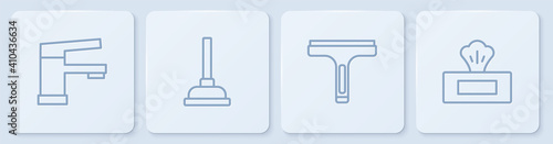 Set line Water tap, Rubber cleaner, plunger and Wet wipe pack. White square button. Vector.