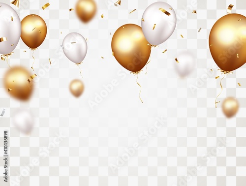 Celebration banner with gold confetti and balloons