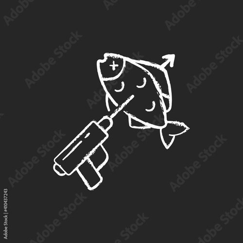 Spearfishing chalk white icon on black background. Fish on spear. Boat fishing. Snorkeling and fishing. Fishing with a spear gun. Fishing tournament. Isolated vector chalkboard illustration