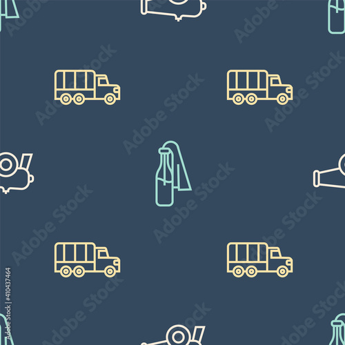 Set line Cannon, Military truck and Cocktail molotov on seamless pattern. Vector.