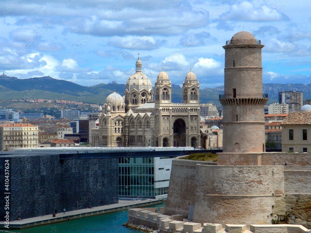 View of the historic part of Marseille at the pier.