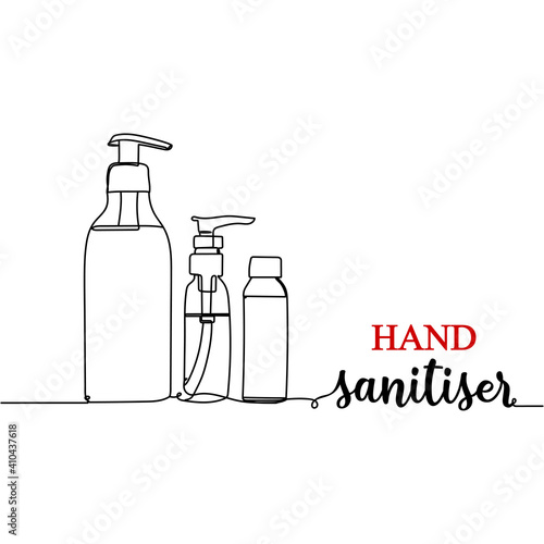 Continuous one line drawing silhouette and lettering of a hand sanitiser. Health concept. Vector illustration isolated on the white background.