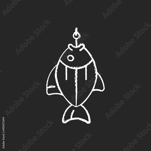 Fish on hook chalk white icon on black background. Fishing tournament. Anglers trophy. Sea food restoration. Commercial fishing process. Active rest. Isolated vector chalkboard illustration