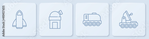 Set line Rocket ship, Mars rover, Astronomical observatory and . White square button. Vector.