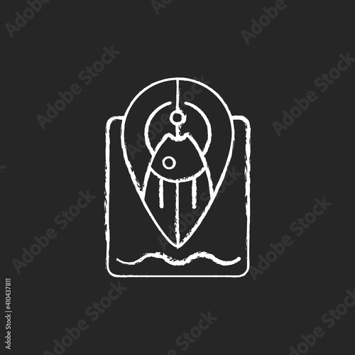 Fishing spot chalk white icon on black background. Navigation tip for finding top fishing place. Fishing tool. Point on map. Hobby and leasure activity. Isolated vector chalkboard illustration