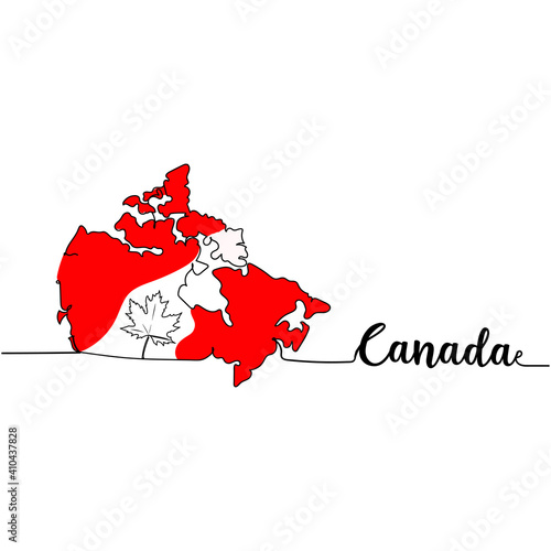 Continuous one line drawing silhouette of a map of Canada . Lettering - Canada. Vector illustration isolated on the white background.