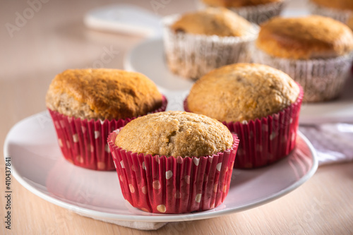 Easy pastry recipe concept, homemade muffins close up on a plate, selective focus