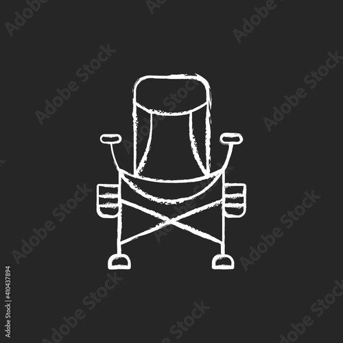 Fishing lounger chair chalk white icon on black background. Basic fishers equipment. Fishing tournament. Comfortable conditions for fishing. Isolated vector chalkboard illustration