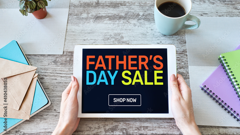Fathers day sale banner on mobile device screen. Online shopping and digital marketing concept. Fathers day sale banner on mobile device screen. Online shopping and digital marketing concept.