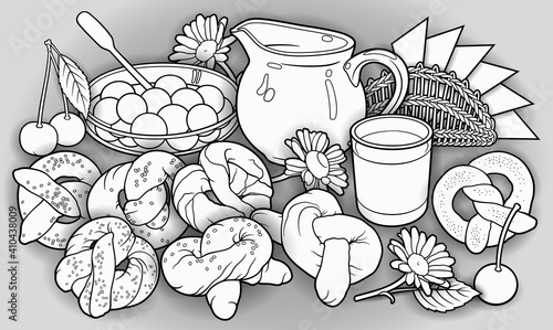 Buns, flowers, milk, napkins, berries hand drawn vector doodle illustration.