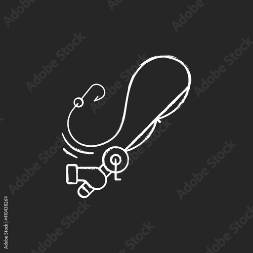 Casting the rod chalk white icon on black background. Carbon matherial. Fishing tournament. Ocean fishing, spinnerbait. Throwing spinning machinery. Isolated vector chalkboard illustration