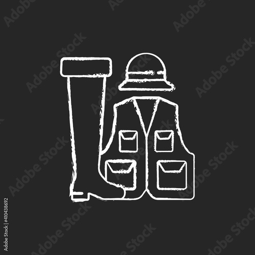Fishermans clothing and accessories chalk white icon on black background. Specail wearing for comfortable fishing. Hobby and leasure idea. Isolated vector chalkboard illustration