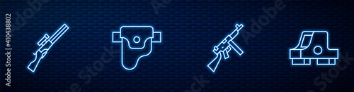 Set line Tommy gun, Hunting, Gun holster and Collimator sight. Glowing neon icon on brick wall. Vector.
