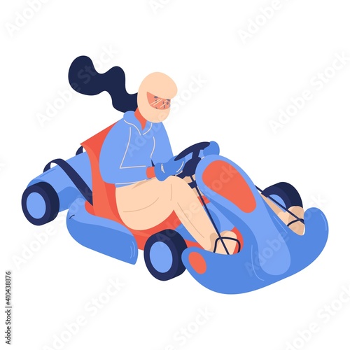 Go-karting concept illustration with woman in helmet riding car. Isolated on white cartoon character