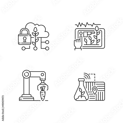 Automation of agronomy linear icons set. Soil sampling. Data security in agriculture. Yield prediction. Customizable thin line contour symbols. Isolated vector outline illustrations. Editable stroke