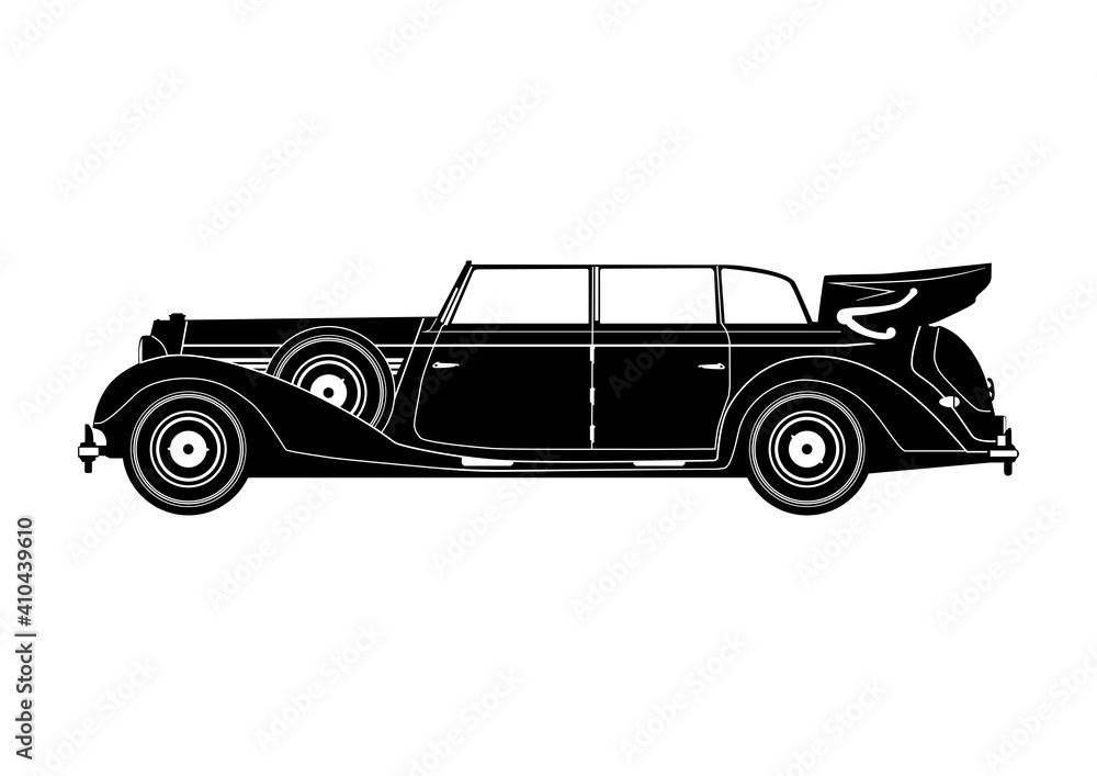 Vintage limousine silhouette. Side view. Flat vector.